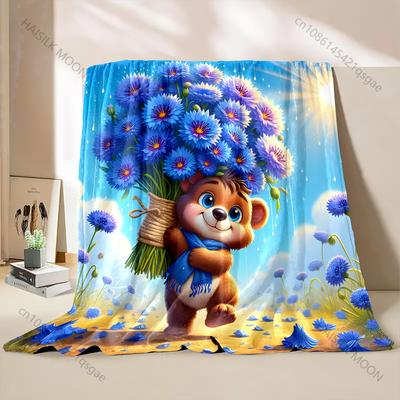 Cartoon Bear Holding A Bouquet of Flowers Blanket Warm Soft for Sofa Bed Home Travel Camping Blanket All Seasons Holiday Gifts