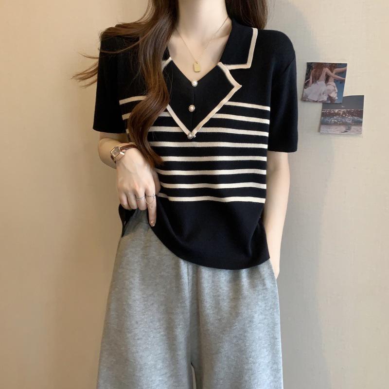 

Пуловер с V-образным вырезом в корейском стиле: Женский летний вязаный свитер, короткий спереди, длинный сзади, облегающий крой, размер плюс L чёрный