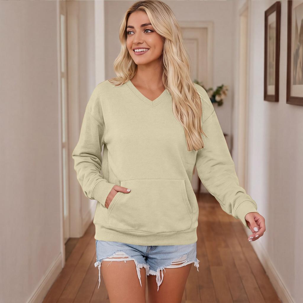 Women's V-Neck Long Sleeve Loose Fit Pullover Sweatshirt with Pocket