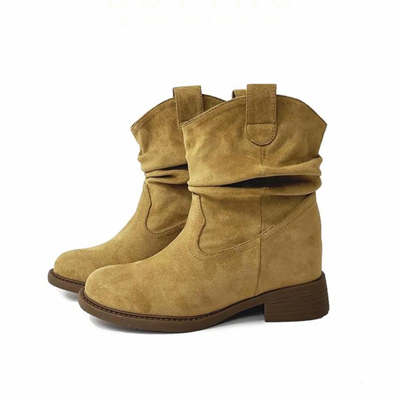 Mode Vintage Herbst Niedriger Absatz Damen Western Cowboy Stiefel Mode Damen Slipper Plissierte Kurze Stiefeletten