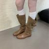 Vintage Round Head Boots Autumn and Winter European and American Cross Belt Buckle Splicing Martin Boots Long Boots Black Brown