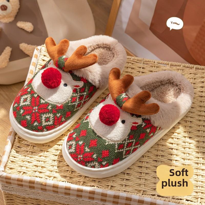 Móda 2024 Nové Vánoční Bavlněné Pantofle Pro Ženu Roztomilý Kreslený Jelen Protiskluzové Dívčí Domácí Pokojové Boty Módní Párty
