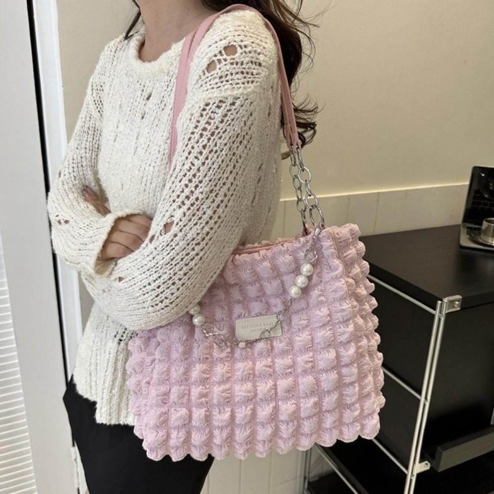 Korean Style Plaid Handbag Beaded Bubble Cloud Bag Fashion Pleated Tote Bag  Girls