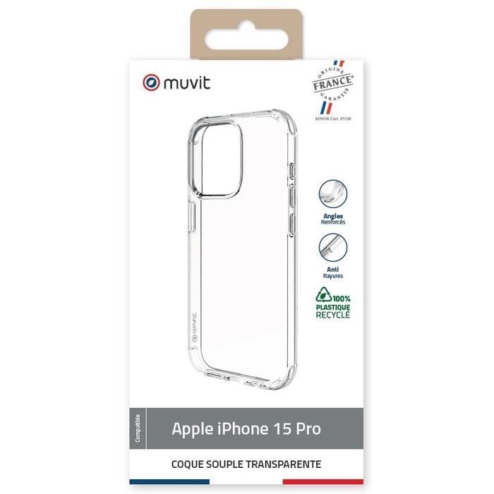 Coque et étui téléphone mobile - muvit - iphone 15 pro - transparent - protection anti-rayures - semi-rigide