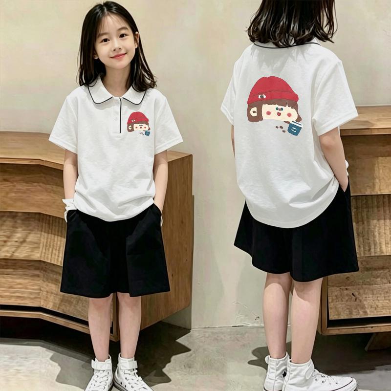 Girls' Trendy Polo T-Shirt Set - Short-Sleeve Lapel Shirt and Casual Summer Two-Piece for Medium and Large Children.