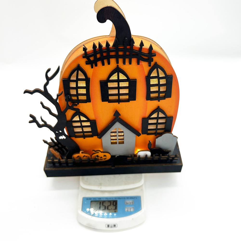 Home Halloween Tabletop Decoration, Lighted Wooden Haunted House Pumpkin Decoration Ornaments, Battery Operated Pumpkin House Ornament Party Supplies