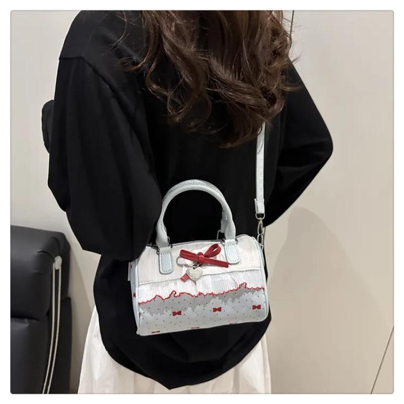 Cute Bow Polka Dot Lace Shoulder Bags for Women Sweet Patchwork Design Girls Crossbody Bag Outing Portable Ladies Pillow Handbag