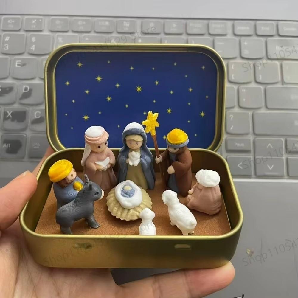 קופסת פח מתכת סצנת לידת ישו ערכה משפחה קדושה קישוטי עריסה לחג המולד קישוט שולחן