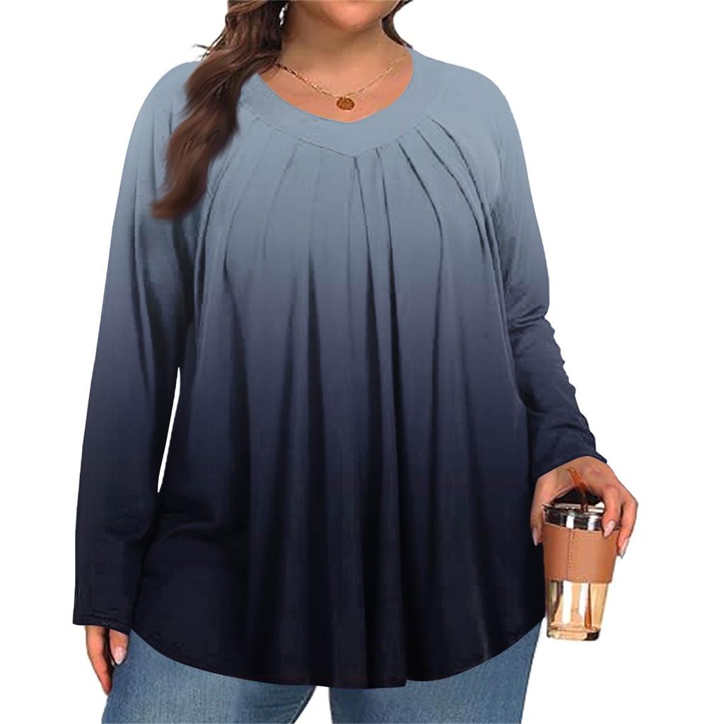 Women's Plus Size Fashion  Printed Casual Pleated Round Neck Long Sleeve Top