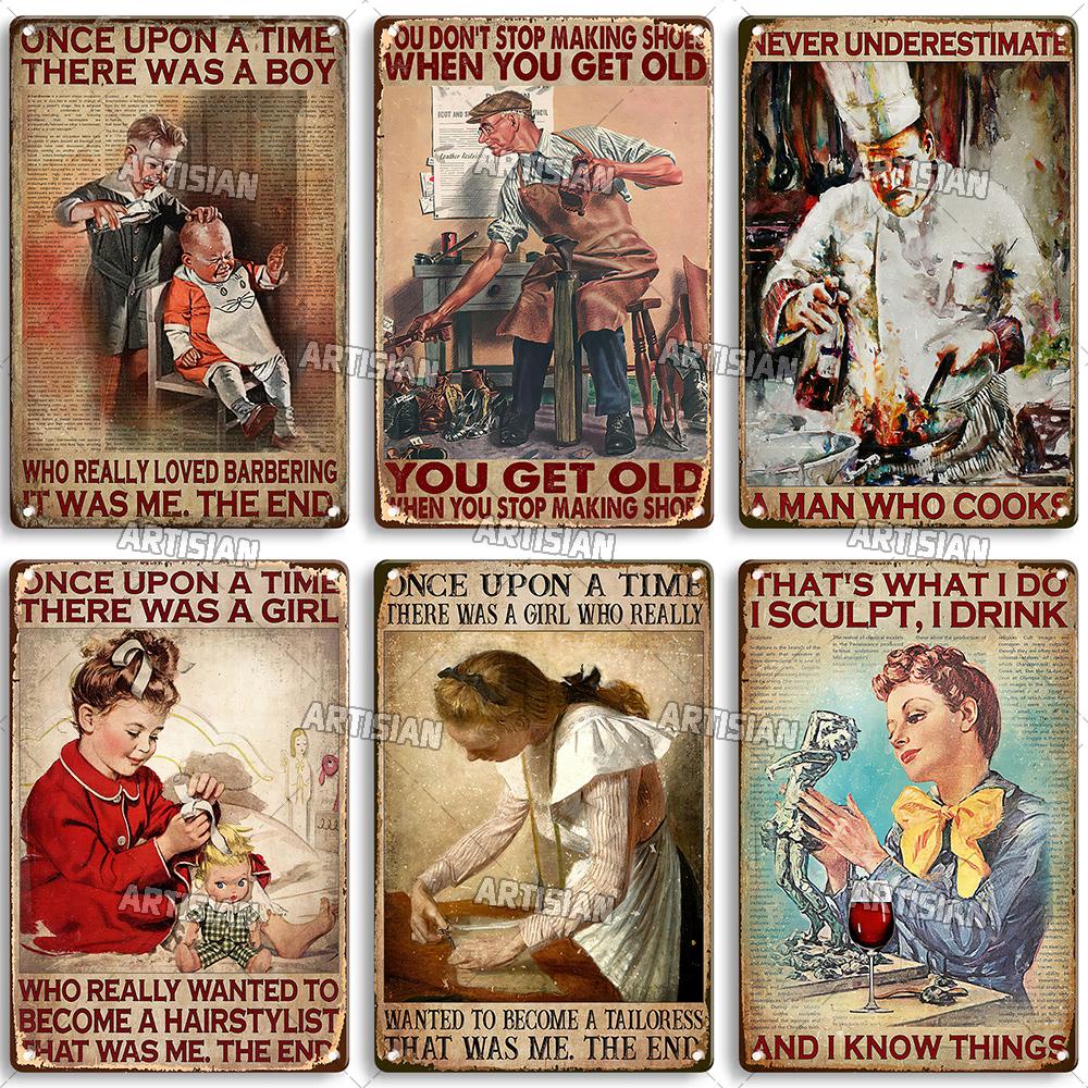 Artisian Job Work Metal Plaque Shoemaker Tin Sign Barista Hairstylist Luthier Painter Chef Decorative PlateWall Decor Garage Bar
