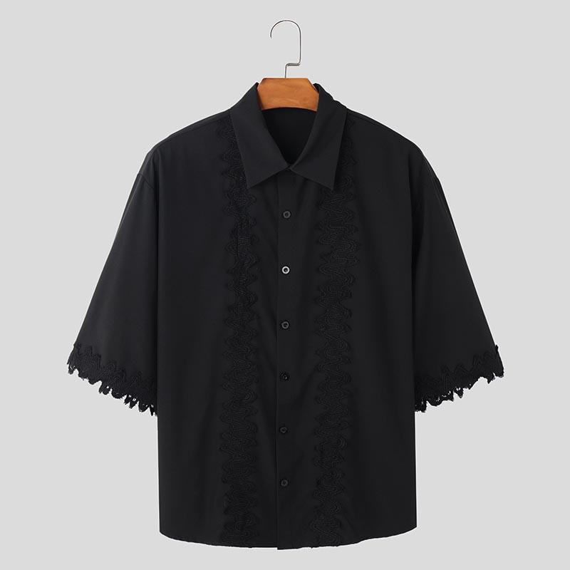INCERUN Summer Men Turn-down Collar Half Sleeve Lace Patchwork Casual Shirts