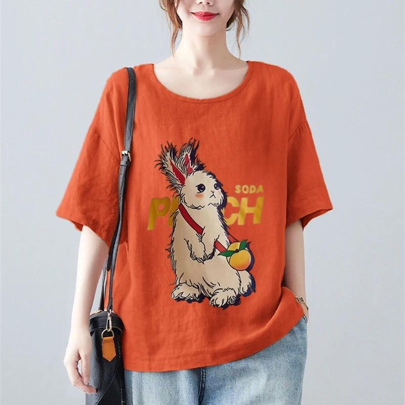 Tops for Women Cotton Summer Large Size T-shirt Round Neck Loose Rabbit Printed Casual Pullover T-shirt Top