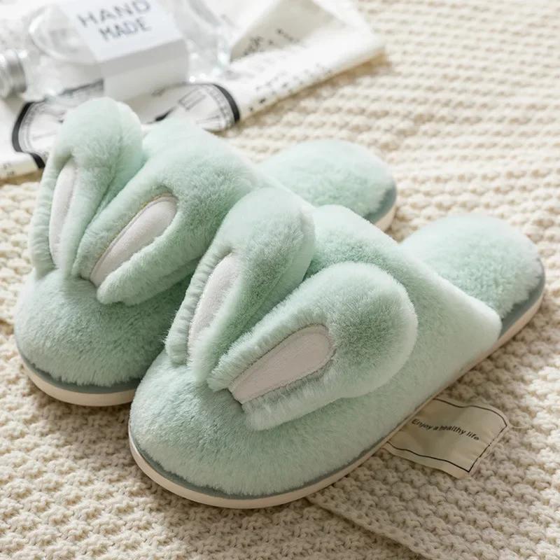 Women Warm Faux Fur Slippers Cute Rabbit Ear Indoor Slipper Soft Plush Anti-slip Winter Female Home Floor Shoes Slippers Women