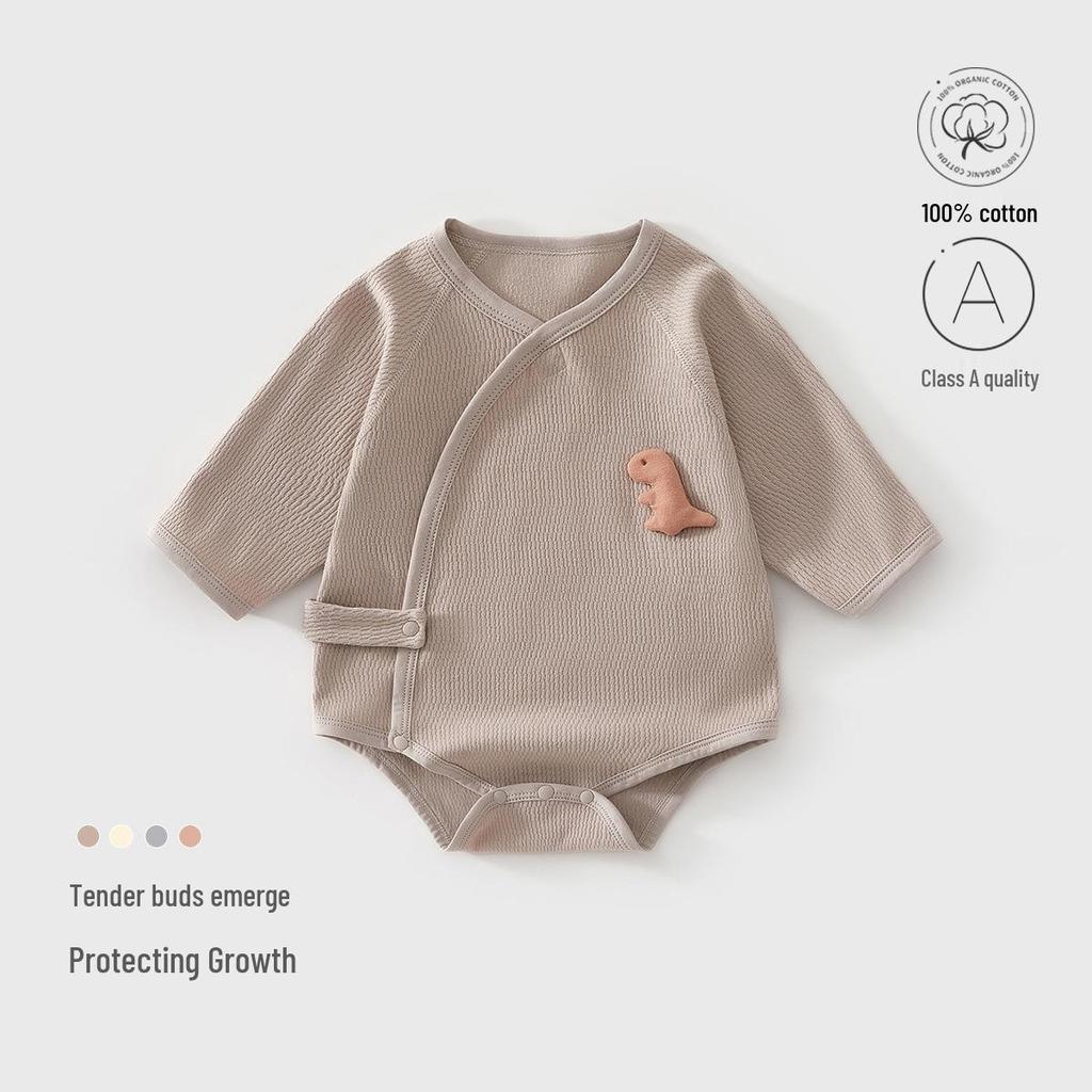 Infant Pure Cotton Long Sleeve Bodysuit with Off-Center Placket - Newborn Spring Romper