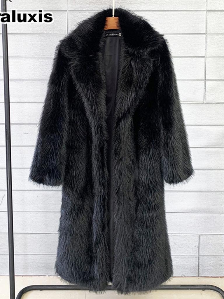 Fall Winter Women's Long Fur Coat with Westem Collar Suit Jacket Faux Fur Overcoat