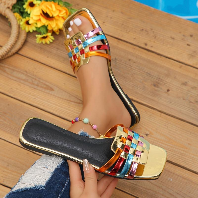 New Large Size Colorful Woven Casual Flat Slippers Women's Peep Toe Fashion Versatile Flat Straight Shoes