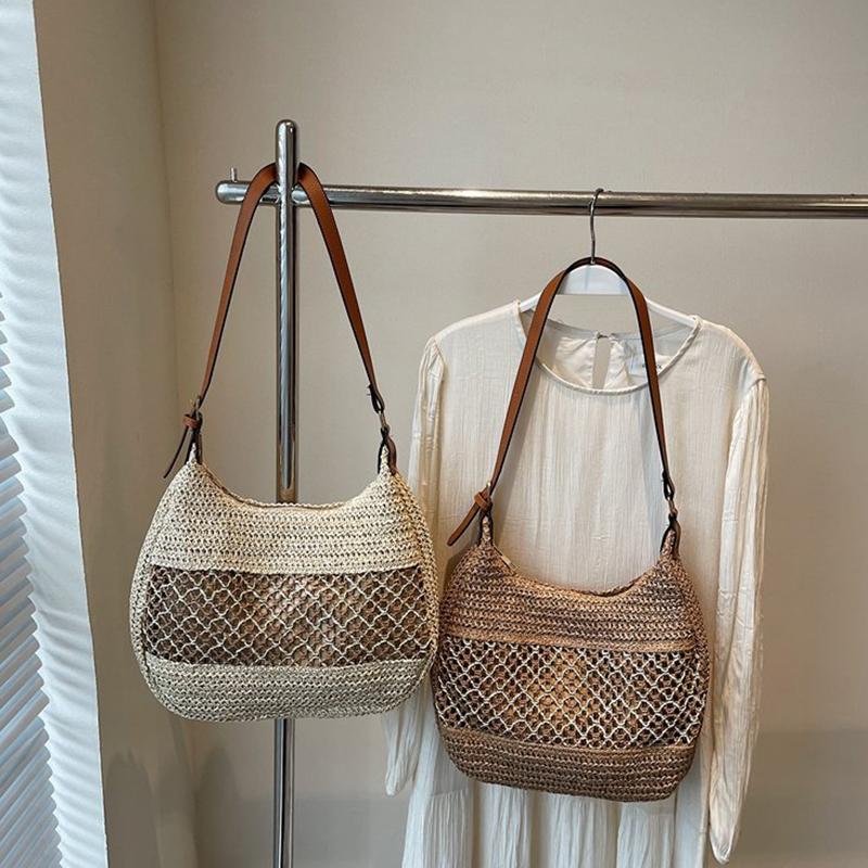Women Hollow Shoulder Bag Large Capacity Straw Weaving Travel Handbag Adjustable Strap Shopper Tote Bag