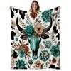 Western Cow Skull Floral Flannel Throw Blanket Teal Flower Cowhide Print Rustic Farmhouse Decor Blanket
