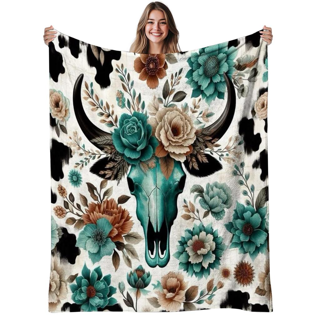 Western Cow Skull Floral Flannel Throw Blanket Teal Flower Cowhide Print Rustic Farmhouse Decor Blanket