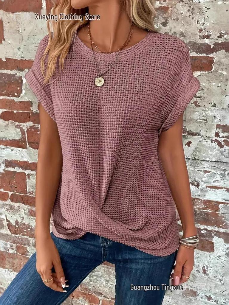 2026 Spring/Summer Women's Solid Color Round Neck T-shirt with Elegant Twisted Hem