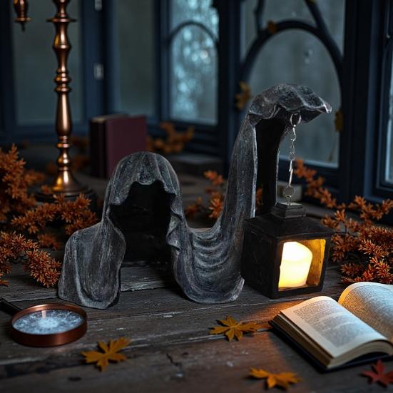 Grim Reaper Statue Gothic Black Robe Mystery Man Ornament Scary Grim Reaper Holding Lantern Statue for Halloween Indoor Outdoor Decoration