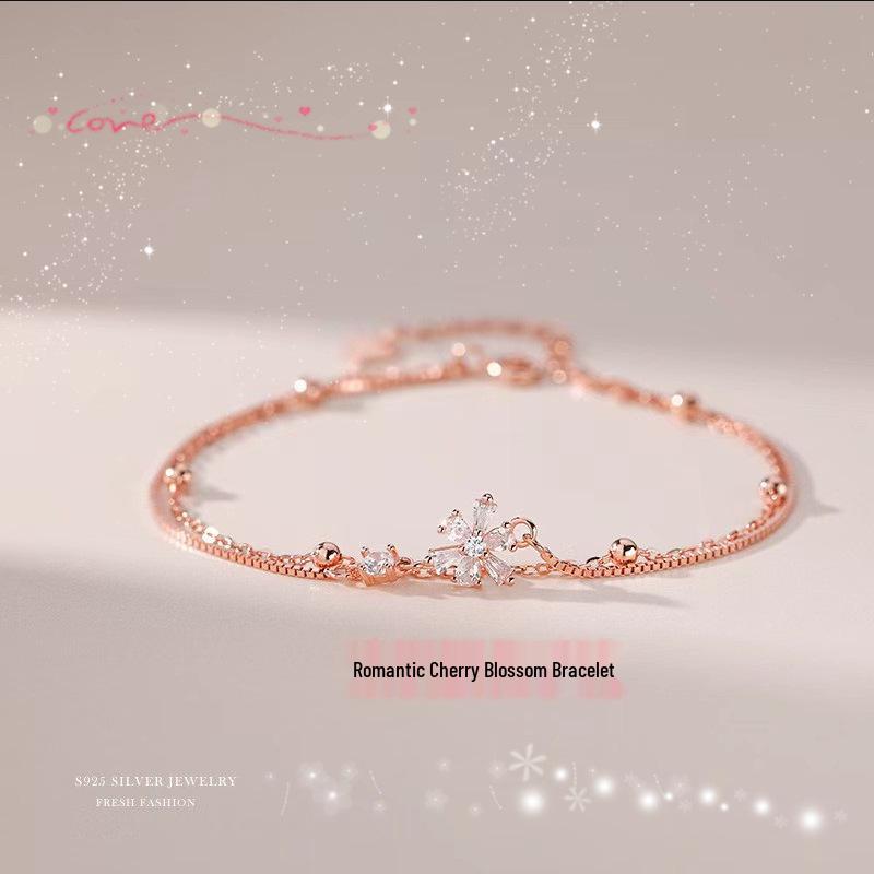 2022 Korean Double Layer Cherry Blossom Sparkling Diamond Bracelet - Light Luxury Gift for Women