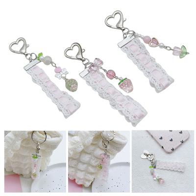 Charm de Celular Fofo de Morango e Borboleta Chaveiro Encantador de Renda e Contas Alça de Celular com Ornamento de Morango e Tulipa