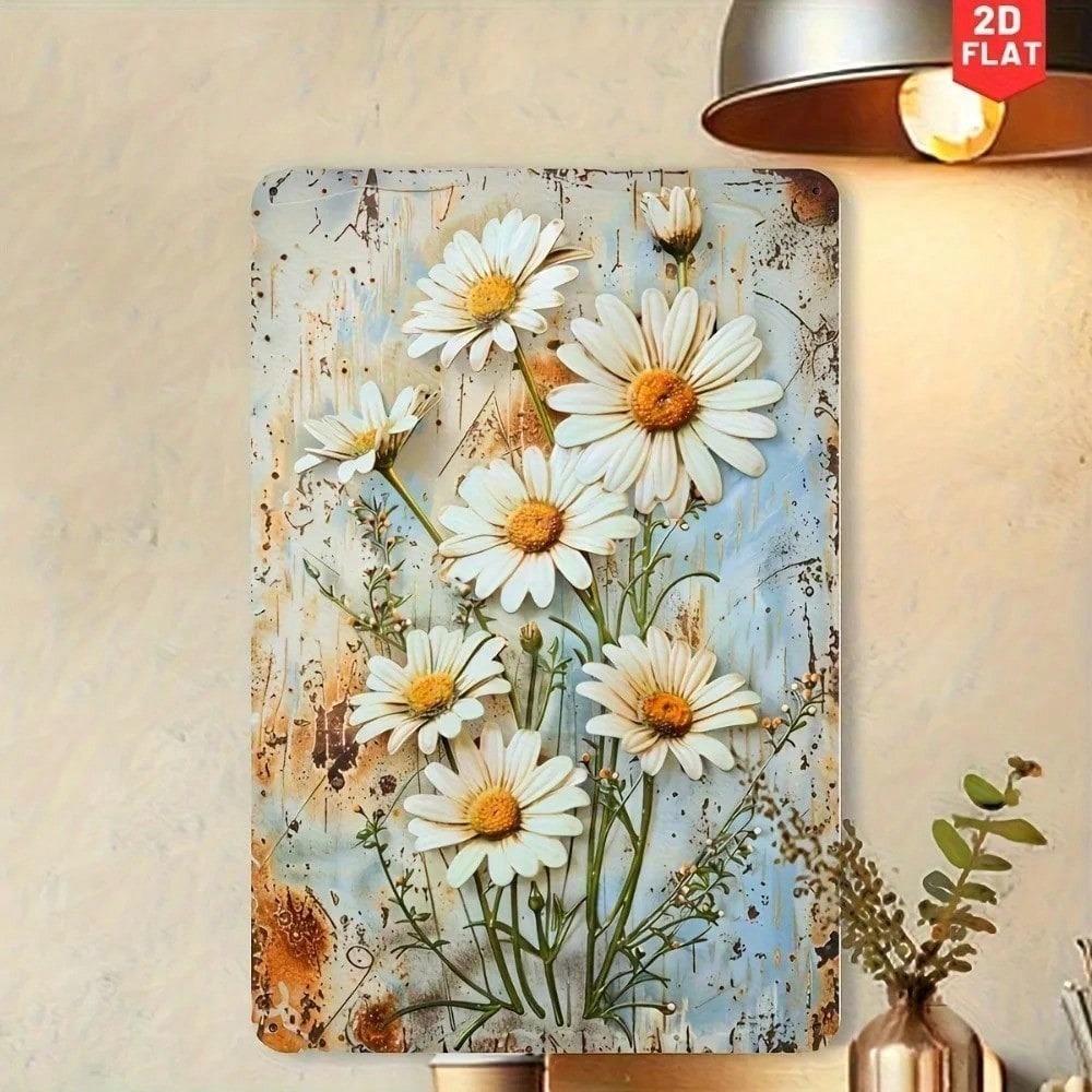 Vintage Blue Daisy Metal Poster, 8x12 Inch Rustproof Wall Art Farmhouse Decor for Home