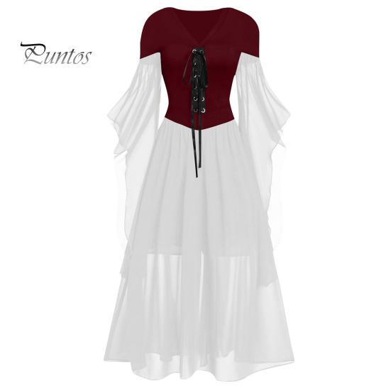 

Женское платье для косплея в готическом стиле, костюм ведьмы на Хэллоуин, на шнуровке, с V-образным вырезом, в тон, с длинными рукавами и рогами, платье трапециевидной формы L белый/красный