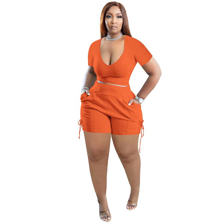 

Женский летний однотонный повседневный костюм-двойка в европейском и американском стиле с V-образным вырезом XXL оранжевый