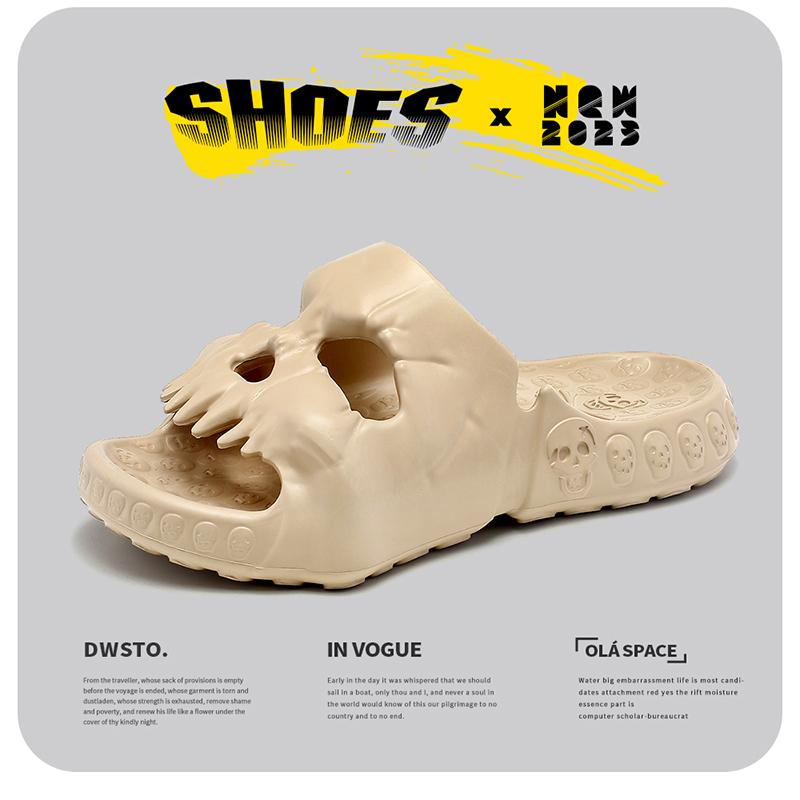 

Новые персонализированные мужские тапочки с черепом, летние уличные забавные шлепанцы, пляжные нескользящие сандалии для отдыха с толстой подошвой, размер 36-47 36-37