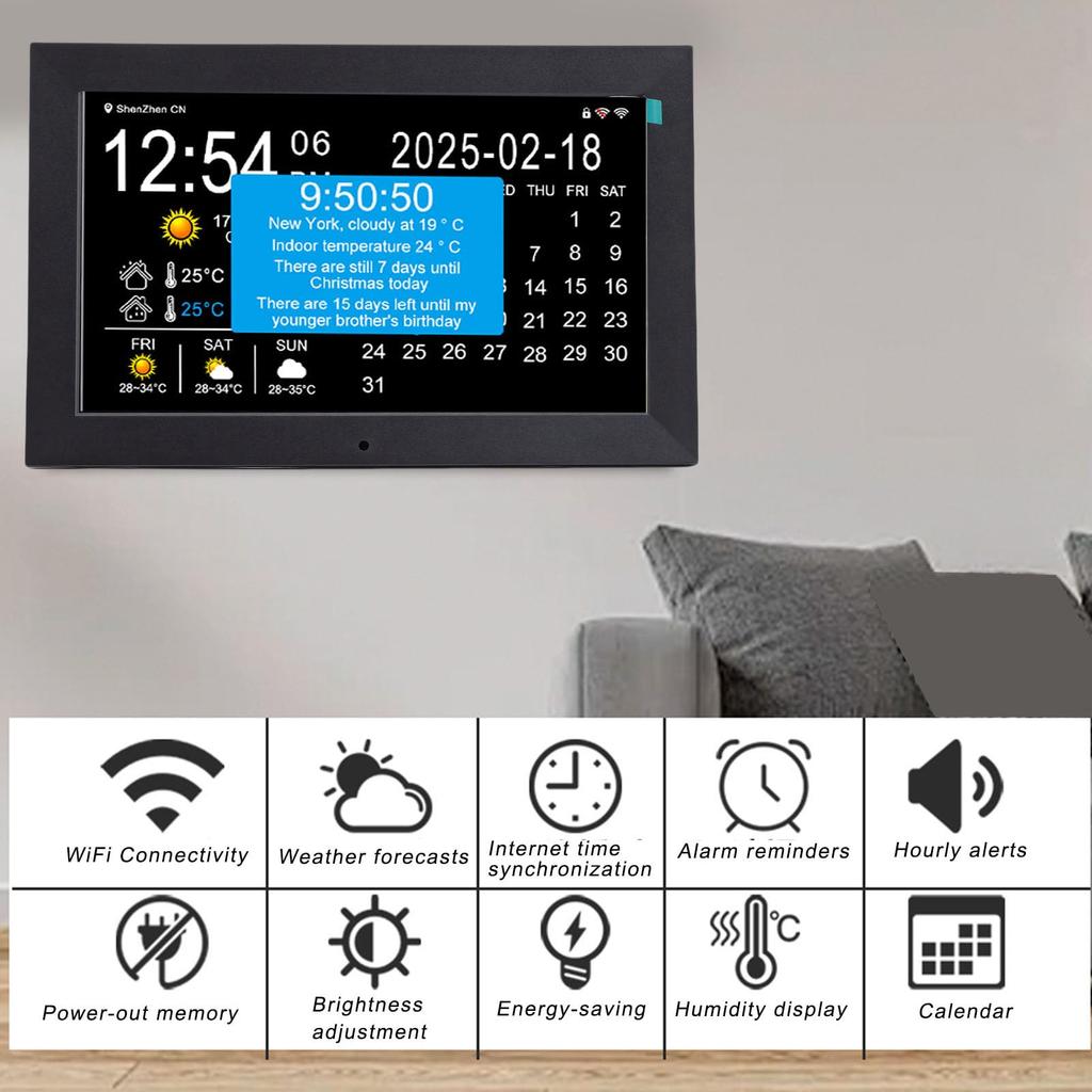 Acogedor Smart WiFi Clock with Weather and Indoor Temperature Large Font Digital Alarm for Photo Medication and Holiday Alerts 10-inch Display,