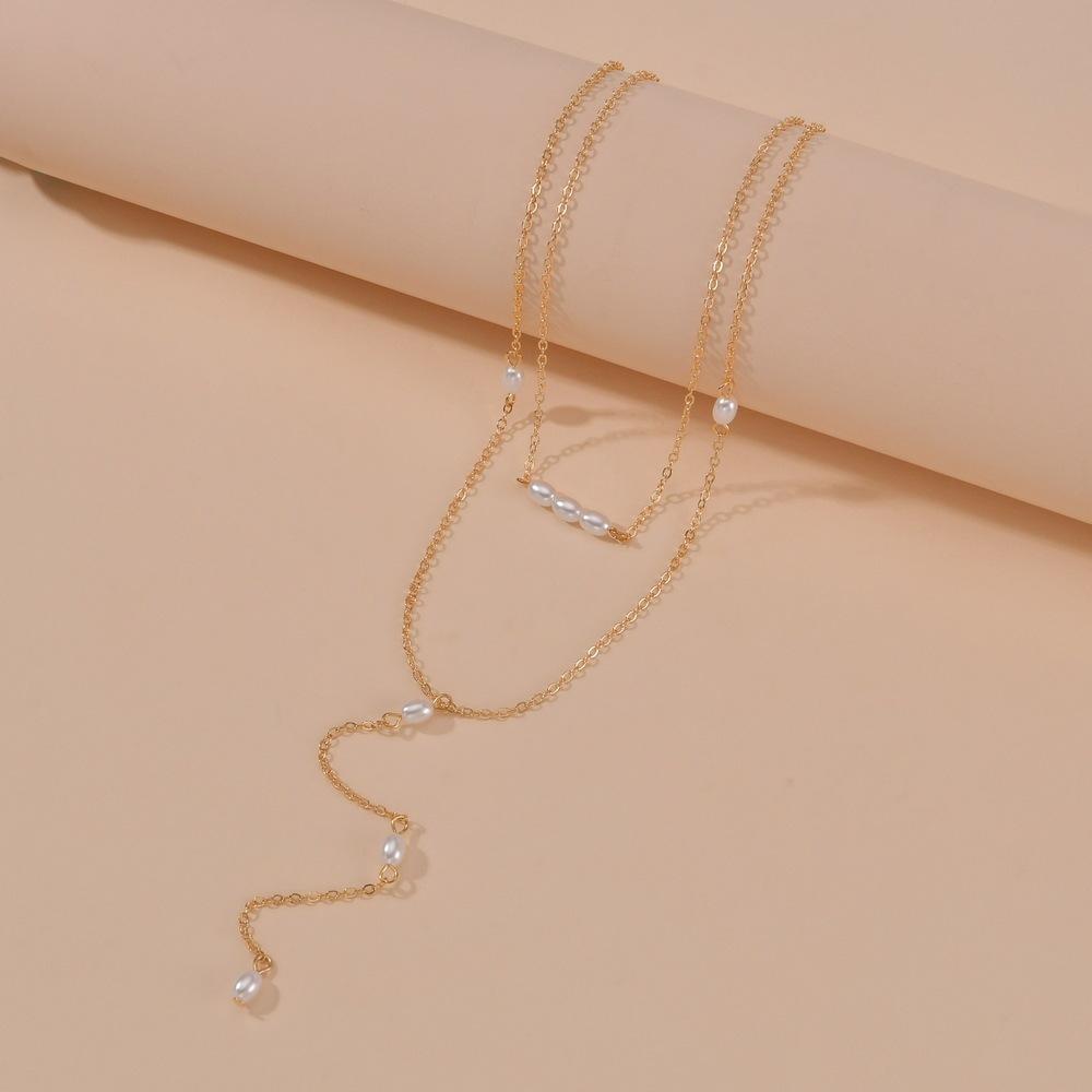 Pearl Temperament Long Necklace Simple Metal Double-layer Adjustable Collarbone Chain