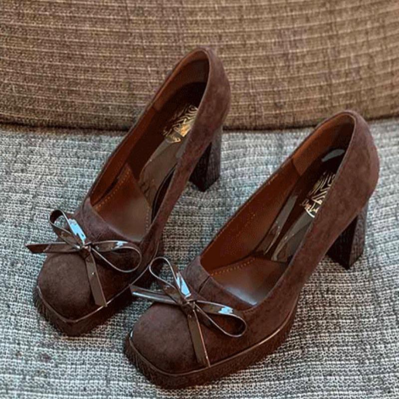 Fashion Spring New Coarse Heel Single Shoes Women Fashion Square Head Shallow Mouth Suede Butterfly Knot Waterproof Platform High Heels