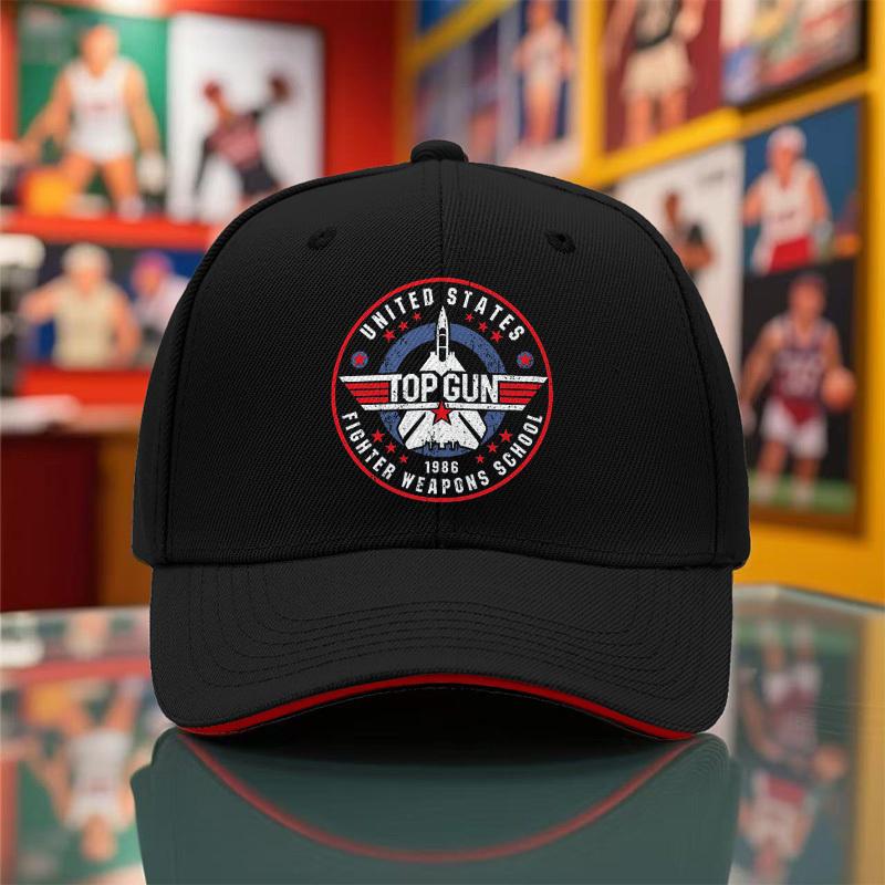 1Pc Of New Summer And Autumn Adjustable Vintage Baseball Cap For Couples, Featuring A Top Gun Pilot Print. This Breathable Black