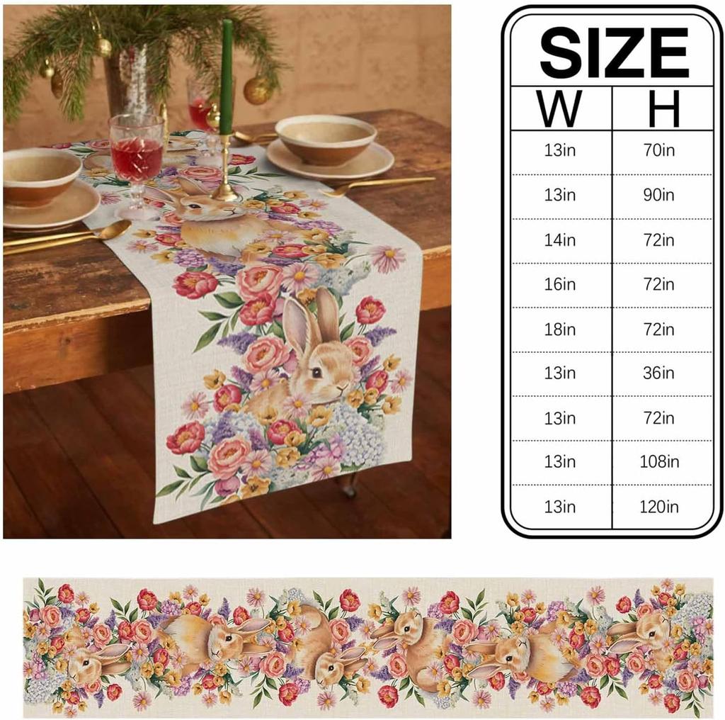 Easter Bunny Floral Linen Table Runner Holiday Party Decor Reusable Farmhouse Kitchen Dinning Table Runner Easter Decorations