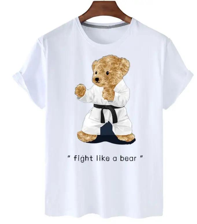 plus Size Trendy Teddy Bear Graphic Tee Casual Short-Sleeved T-Shirt Polyester Fabric Summer Top for Men