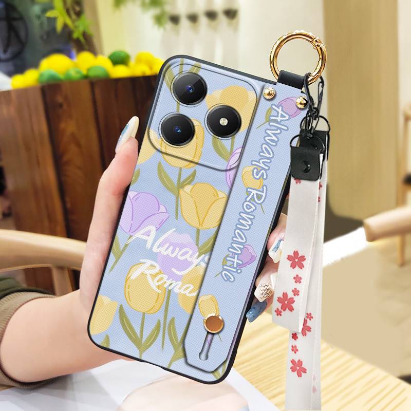 Soft Case Back Cover Phone Case For Realme C63 4G/C61 4G Wrist Strap Lanyard Protective Wristband Oil Painting Anti-dust