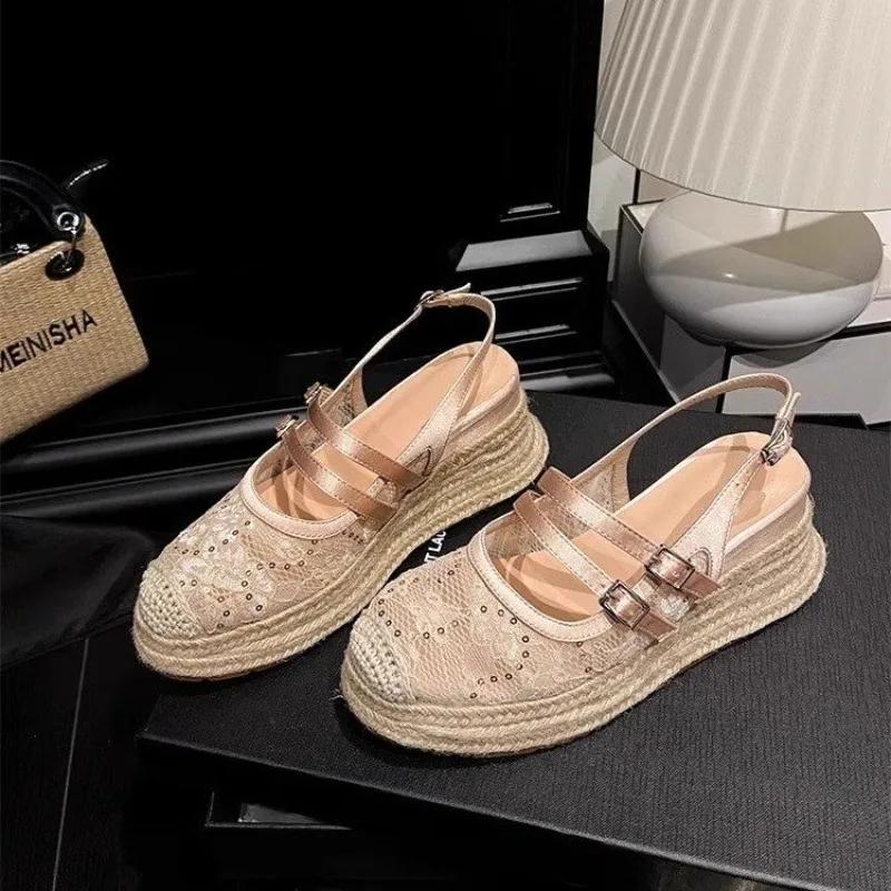 Fashion 2025 Summer New Lace Mesh Women's Sandals Outdoor Buckle Strap Wedges Closed Toe Sandals for Platform daily Casual Brand Shoes