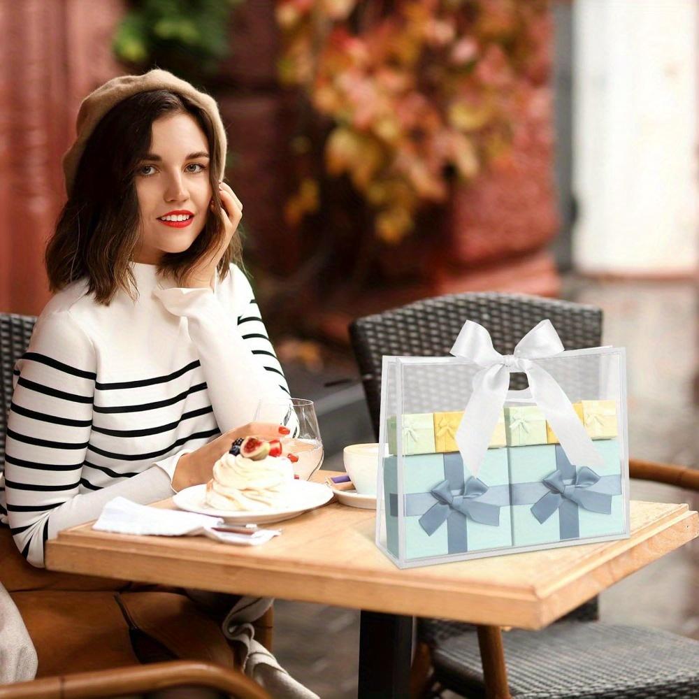 5pcs Clear Plastic Gift Bags with Die Cut Handles Graduation Reusable Flower Gift Bag with Ribbon for Wedding Bridal Shower Birthday Party Business