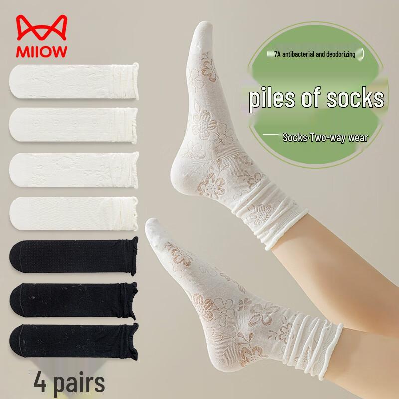 Mao Ren Women s Rolled Edge Mesh Mid-Calf Socks (4-Pack) One Size