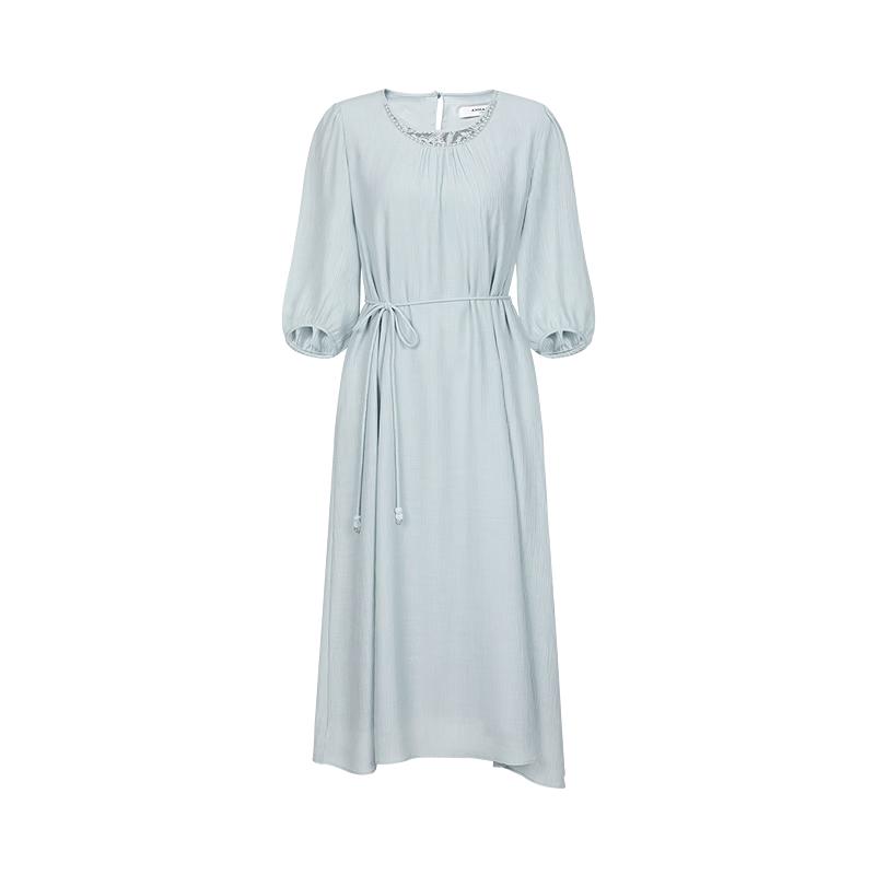 Annakou French Style Beaded Lace Lyocell Cinch-Waist Dress S