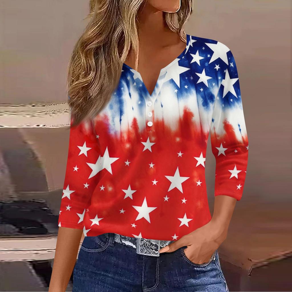 Women's Fashion Casual Independence Day American Flag Stars and Stripes Print Collar V-Neck Three-Quarter Sleeve Decorative Button-Up T-Shirt Top