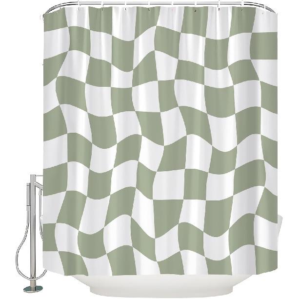 Retro Checkered Shower Curtain Sage Green and White Cute Checkerboard Geometric Vintage 60s 70s Abstract Aesthetic Modern Decor Bathroom Curtain Set
