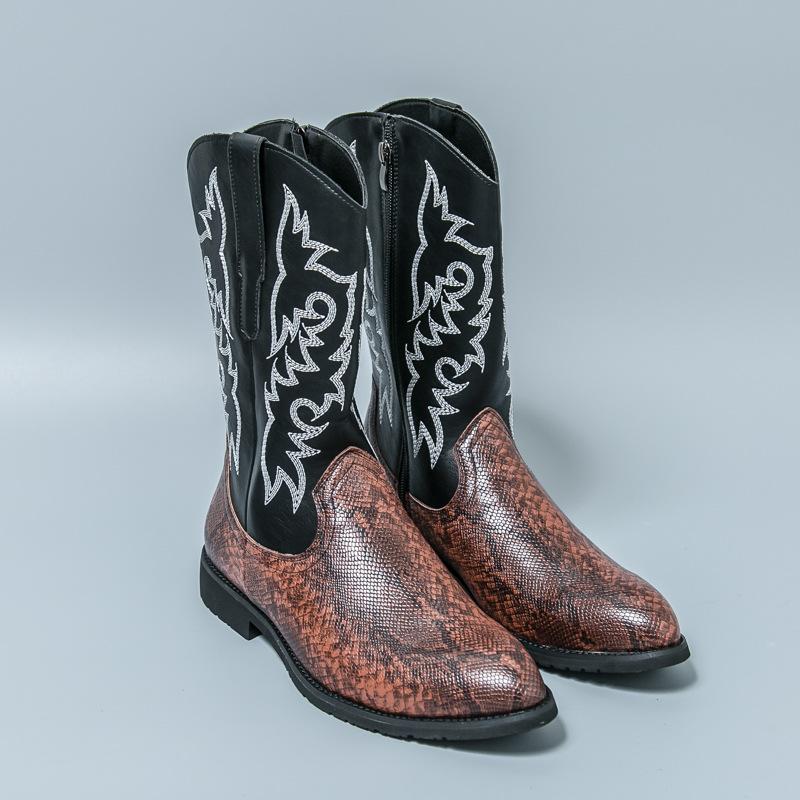 Men's Leather Boots Large Size Autumn and Winter New High-top Leather Shoes Fashion Trend Retro Engraved Locomotive Boots Cowboy Boots