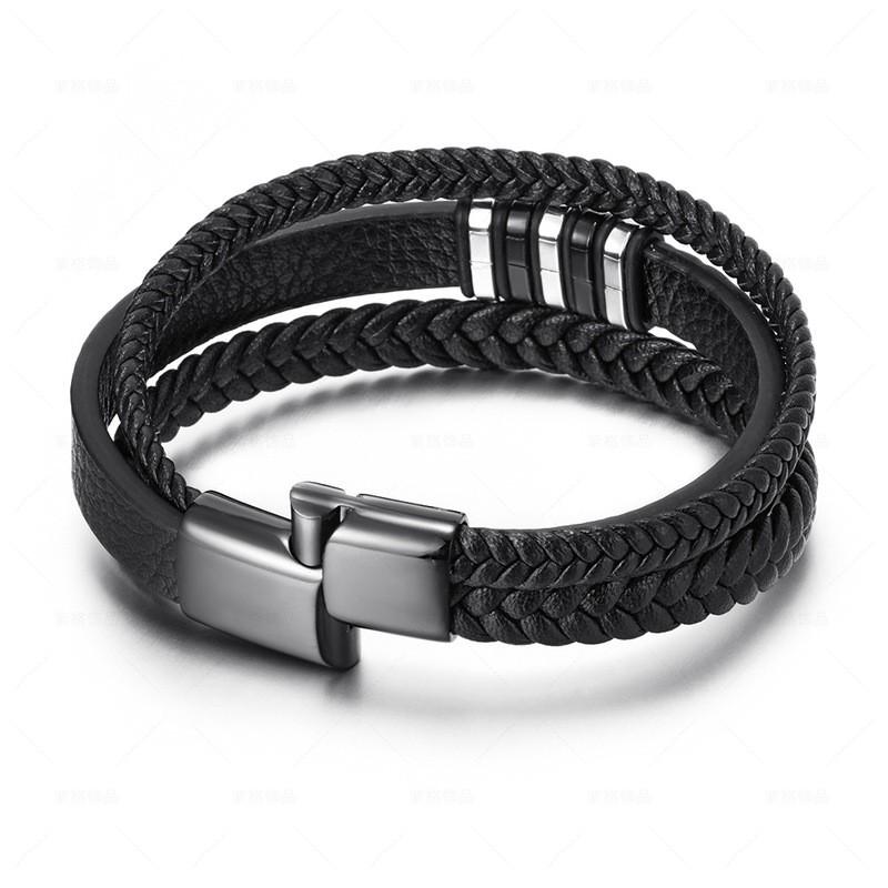 Mens Handwoven Leather Stainless Steel Bracelet Vintage Hip Hop Style Adjustable Length
