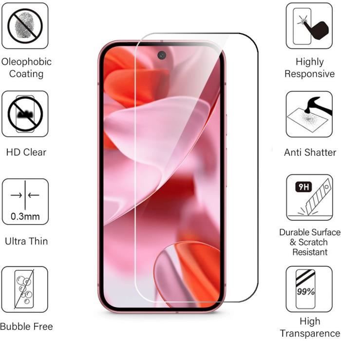 [4 Pièces] Verre Trempé pour Google Pixel 9, Protection d'Ecran Transparent Anti-Rayures