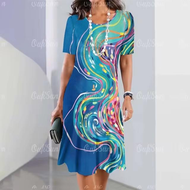 Women Vintage Short Sleeve 3d Print Midi Dress Comfortable Beach Dresses