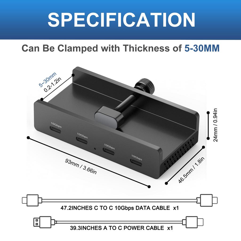 YW-HCL-4C-Pro 4 Ports USB C 3.1 Hub 10Gbps High Speed Data Transfer Clip On External Dock Station