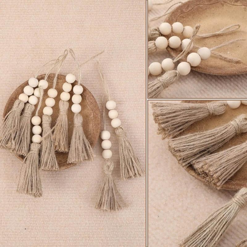 Pack of 4 Tassels Wooden Beads Garlands Cotton Decorative Handle Decorations Tassels Beads Pendants for Cabinet Door